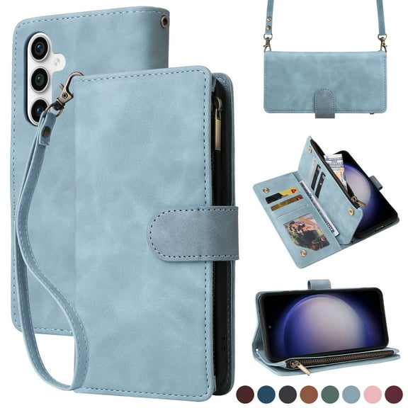 ELEHOLD for Samsung Galaxy S23 FE Wallet Crossbody Case,Large Capacity Card Slots Zipper Purse Kickstand Function Magnetic Clasp Shoulder Strap Wrist Lanyard Flip Leather Case,Lightblue