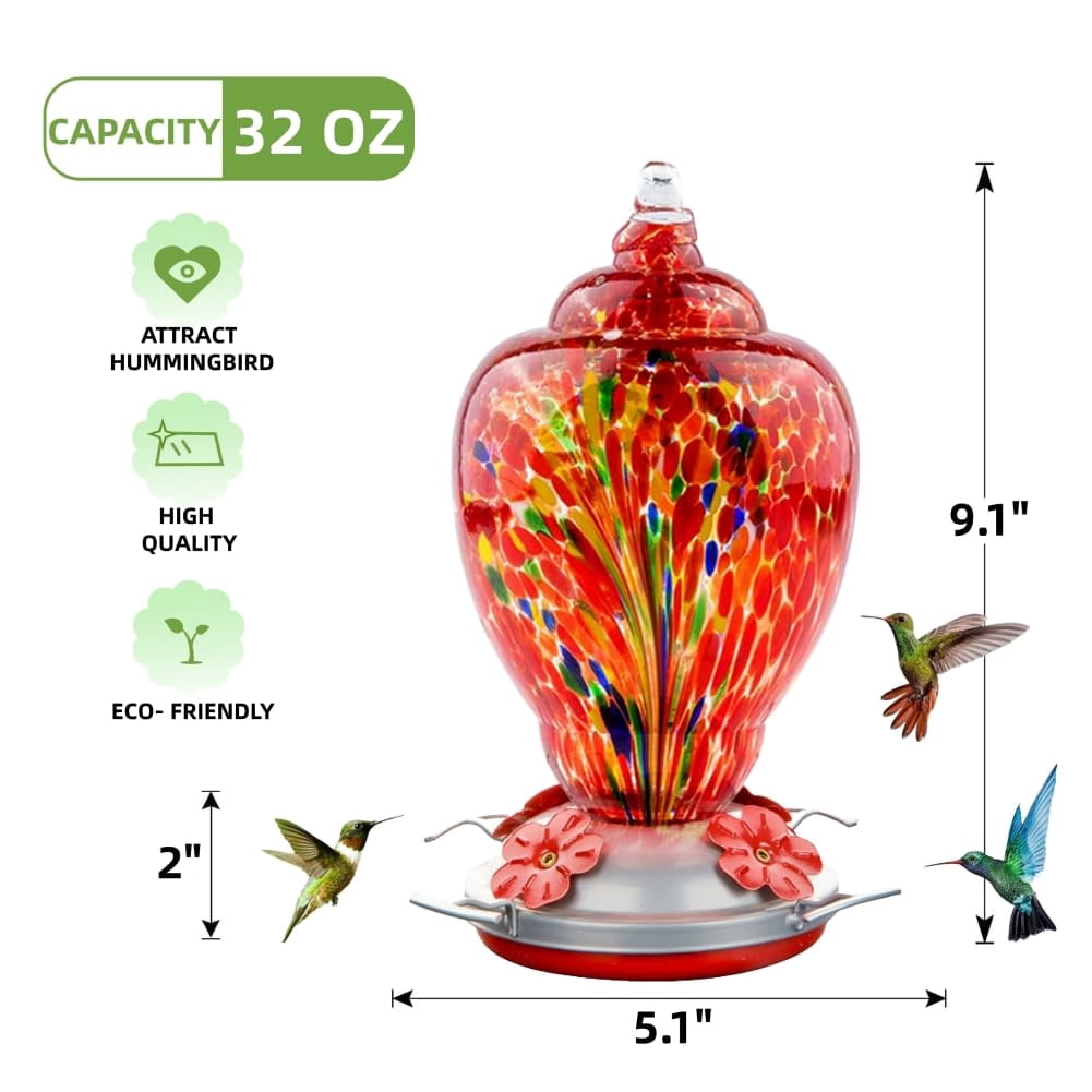 Hummingbird Feeder Red-Firework Hand Blown Glass 32 Ounce Outdoor Patio Use