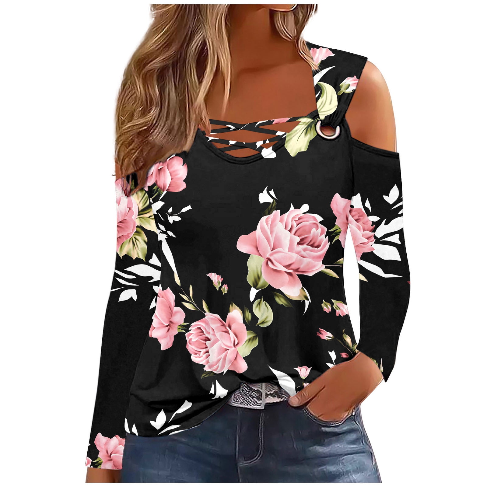 T-shirt Femme épaules Dénudées - Col à Volants - Couleur Unie - Taille 46 - Style Bohème été