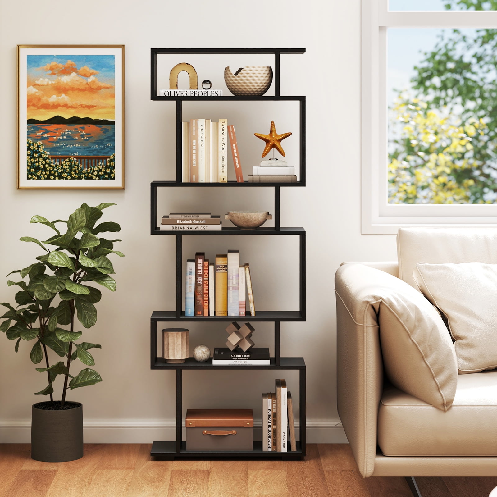 Costway 6-tier Storage Bookshelf S-shaped Geometric Bookcase with Anti-toppling Kits Black