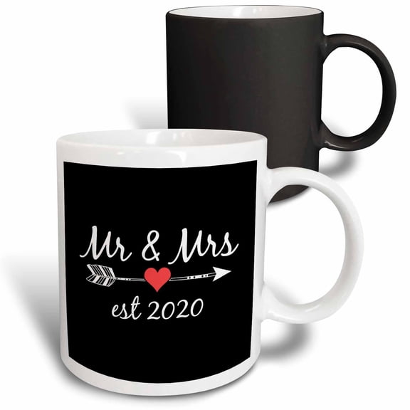 3drose, Mr and Mrs Est 2020 White Lettering and Arrow with Red Heart on Black., 11oz Magic Transforming Mug