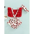 thumbnail image 4 of Genuiskids Infant Baby Girls Summer Romper with Headband Adjustable Ruffle Shoulder Straps Strawberry Triangle Romper Hollow Backless Jumpsuit, 4 of 9