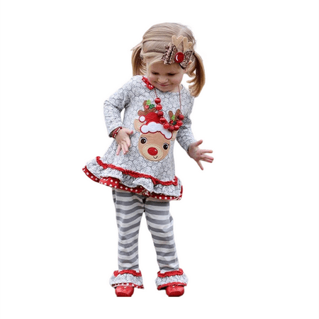 

PHENAS 2PCS Toddler Baby Girls Christmas Outfits Cartoon Deer Long Sleeve Top Pants Set Fall Winter Outfits Set Clothes