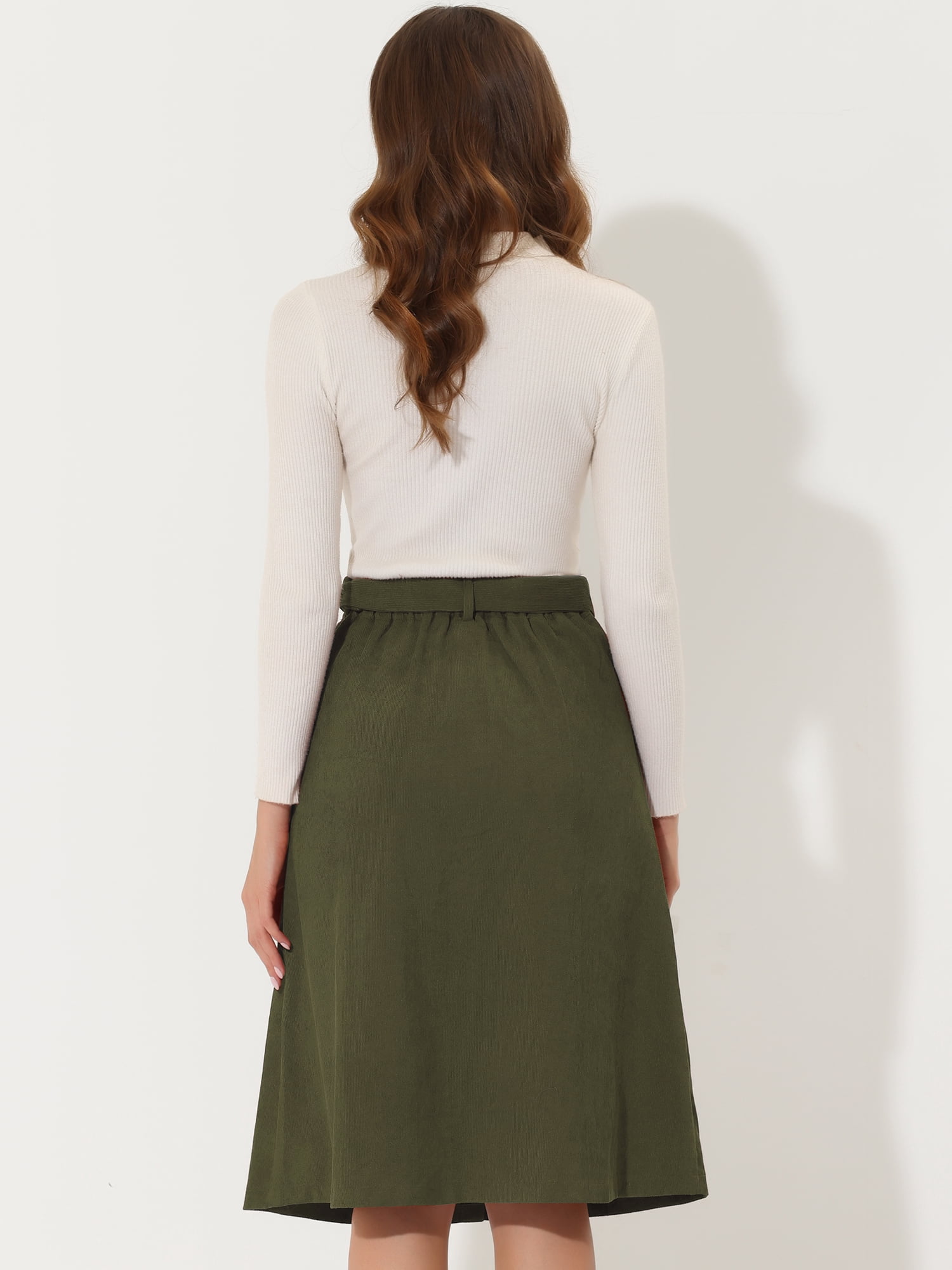 DARING DIVA Women's A-Line Button Front Belted Midi Skirts XL Green