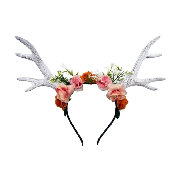 Decorr Floral Deer Antler Headband, Vintage Faux Flower Antler Hair Hoop, Costume Accessory for Women Halloween Christmas Carnival Masquerade Stage Party Decor Gift (White)