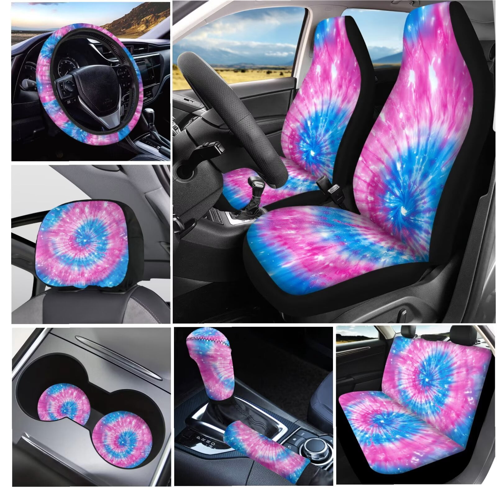 Garronmavis Blue & Pink Dye-Tie Car Seat Covers Full Set Universal Fit Most Vehicle Decor Interior with Steering Wheel Wrap Gear Shift Cover Handbrake Sleeve Headrest Protectors Cup Coaster