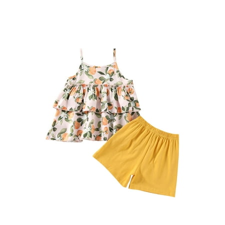 

FINELOOK Girls Summer Fruit Suspender Tops and Solid Color Short Pants Set