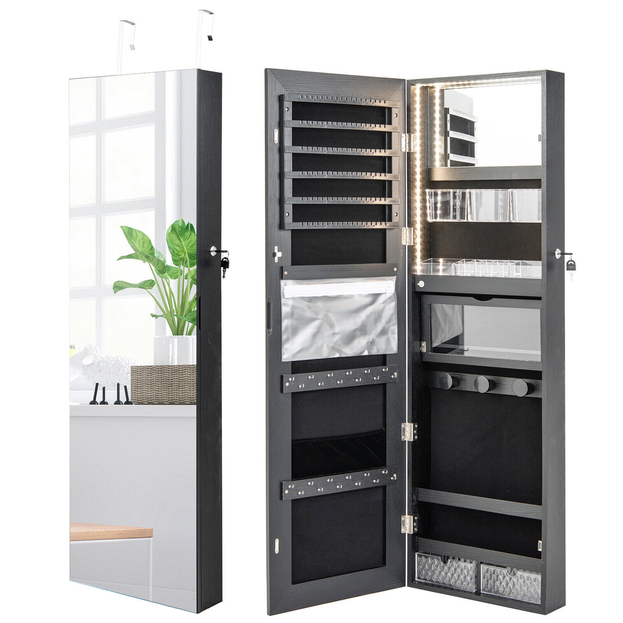Gymax Wall Mounted Jewelry Cabinet Full-Length Mirror Lockable w/ 3 ...