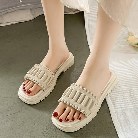 

PEASKJP Wedges Sandals for Women Women Slip On Beach Casual Open Toe Non-Slip Breathable Slipper Sandals Casual Summer Shoes Beige 6.5
