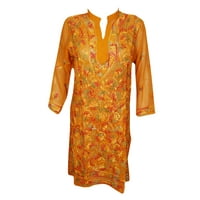 Mogul Womens Bohemian Boho Chic Tunic Dress Orange Floral Embroidered Georgette Sheer Caftan