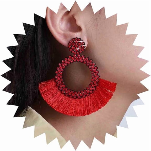 Punk Ruby Circle Dangle Earrings Big Cz Circle Drop Earrings Red Tassel Earrings Red Crystal Circle Earrings Fan Fringe Dangle Earrings Tassel Chandelier Earrings Jewelry for Women