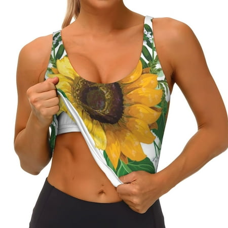 Qokaie Sunflowers (2) Pattern Womens Scoop Neck Sports Bra Breathable Workout Vest Padded U Back Medium Impact Fitness Gym Yoga Bra Workout Crop Top
