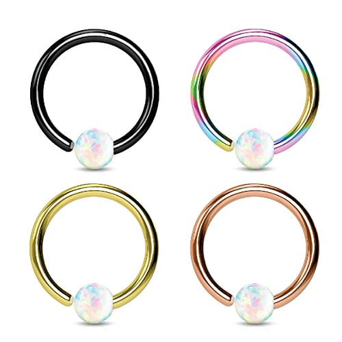 Gold IP Surgical Steel Hoop Ring White Opal Ball Fixed On End Nose Ear Piercing 