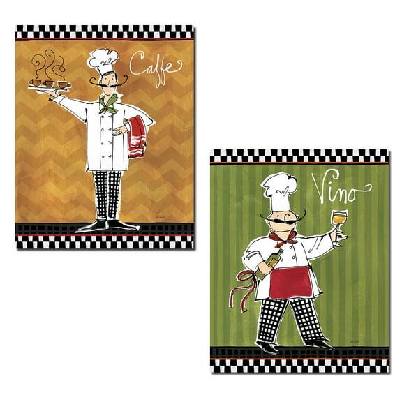 Gango Home Decor Green and Orange Jolly Caffe and Vino Chef Adult Kitchen Set; 2-11x14" Unframed Posters