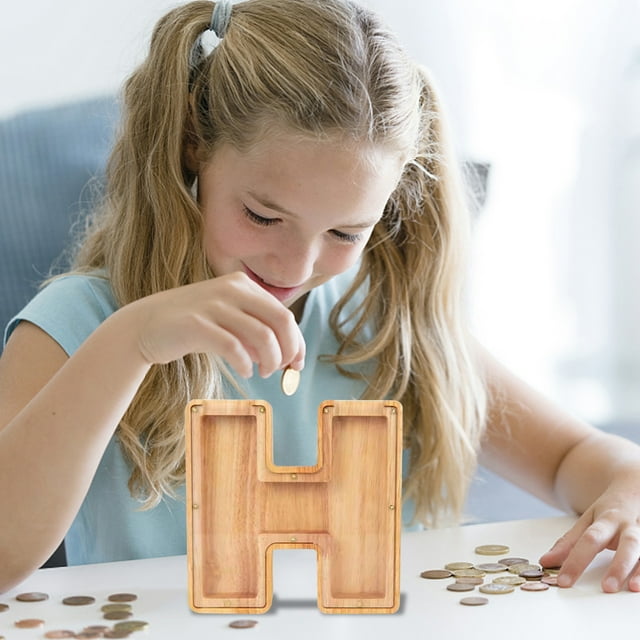 Fwttom Personalized Wooden Name Money Box Wooden Deposit Box Twenty Six English Letters