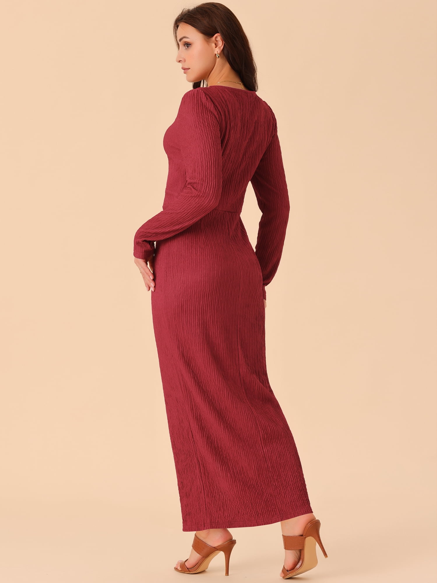 DARING DIVA Long Sleeve V Neck Slit Hem Maxi Cocktail Dress XL Wine Red