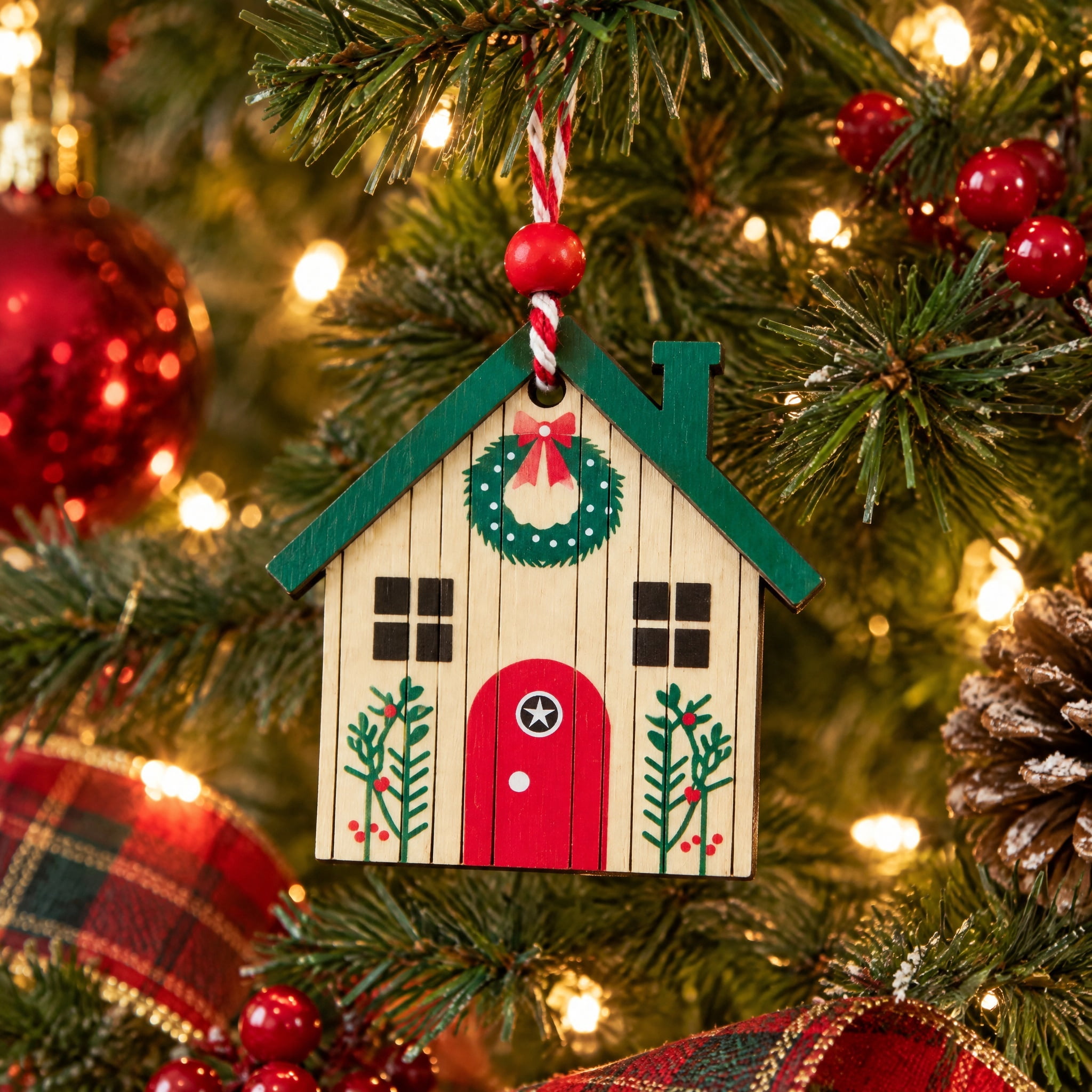 4-Count Multicolor Wooden House Mini Christmas Ornaments, 2.3", by Holiday Time