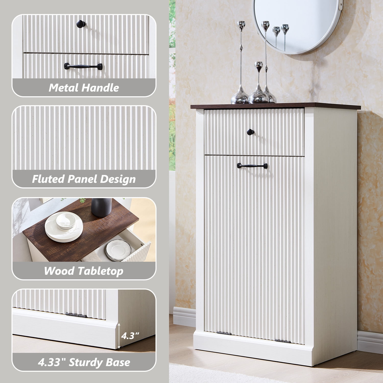 10 Gallon Tilt-Out Trash Can Cabinet, Modern Laundry Hamper Cabinet with Drawers, Hidden Garbage Can Cabinet for Kitchen and Living Room