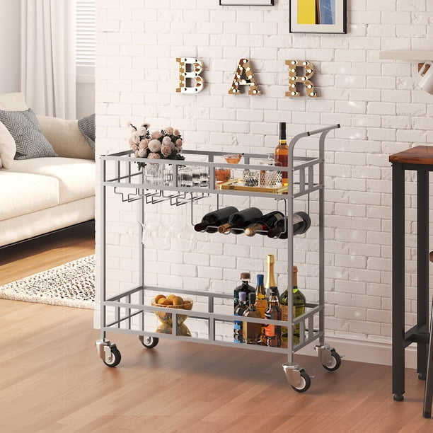 Carro de Bar Portátil con Ruedas - 2 Niveles de Vidrio Espejado, Incluye Porta Copas y Botellas, Estructura Metálica, para Hogar o Fiestas– Color Plata