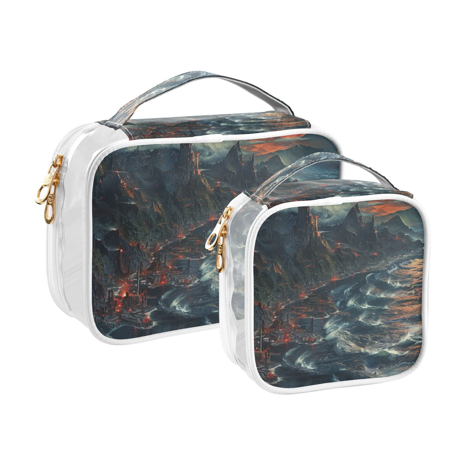 Clear Makeup Bags with Handle Large Opening 2 Pack Set Toiletry Bag Quart Size Bag, for Women Man Traveling Travel Essentials, Toiletries and Other. Waves Horror Mountain Original Design