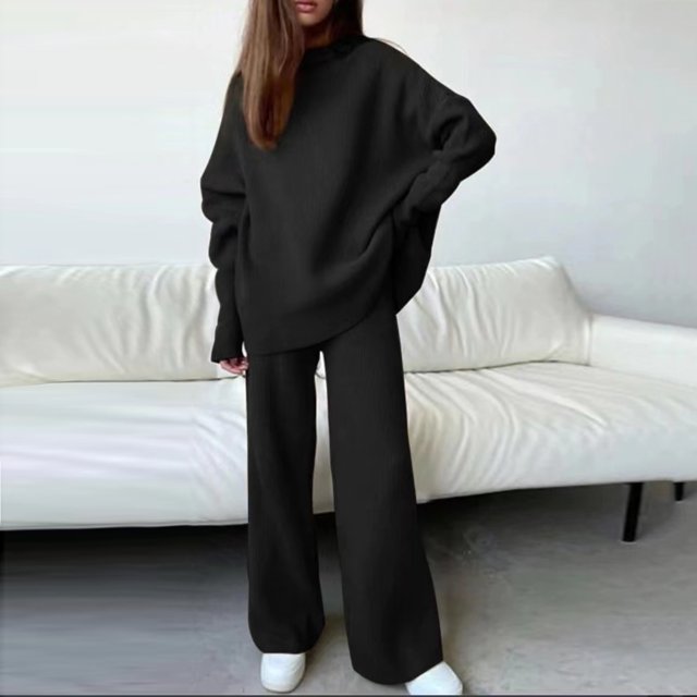 Pavied Two Piece Sets,Lounge Sets,Knit Solid Color High Collar Relaxed And Casual Two Piece Set Long Sleeved Pants Set,Matching Sets,Womens Sweatshirt,Tracksuit for Women,Fall Outfits,Black 3XL