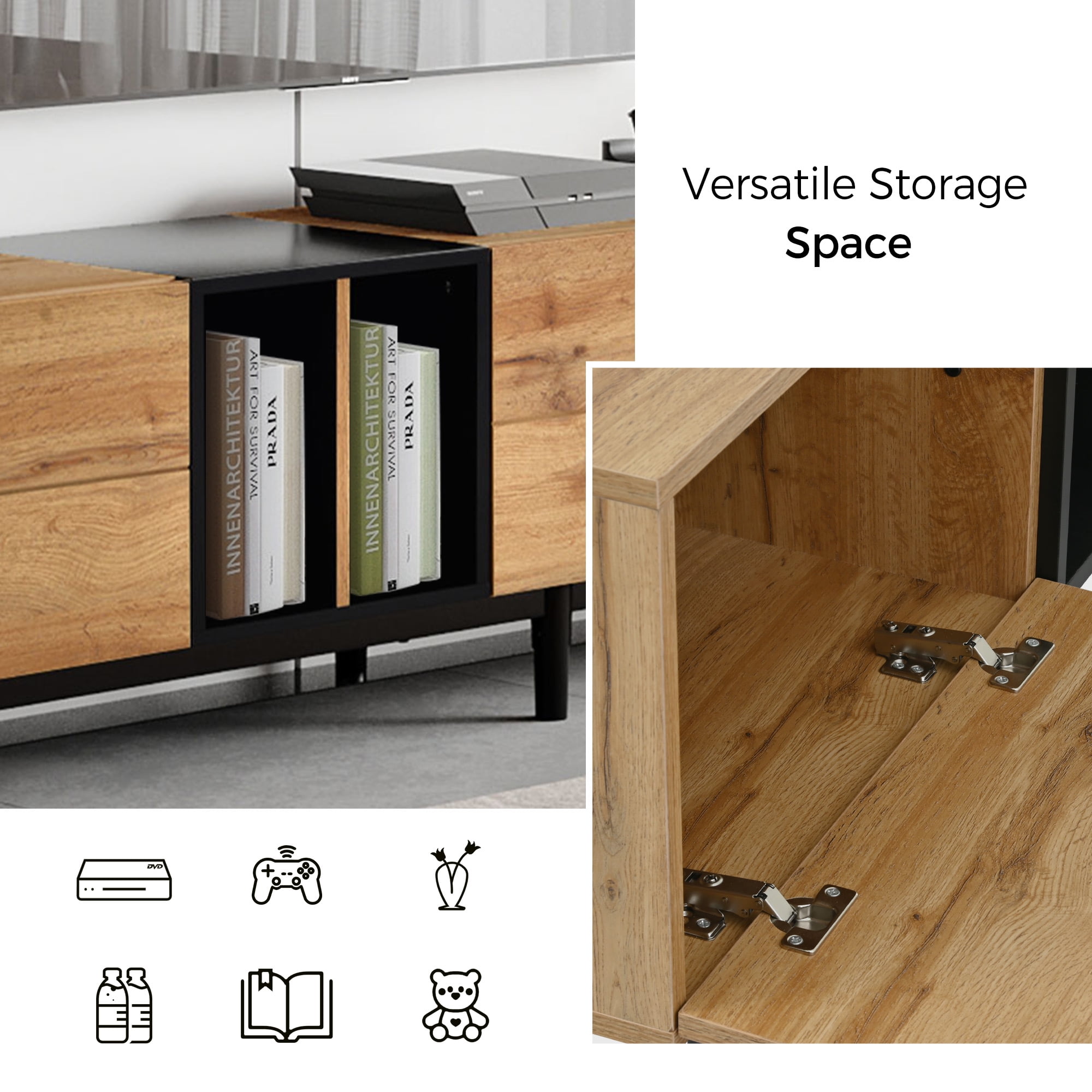 DEALTOPS Modern Minimalist TV Stand with 3 Drop-down Doors and Ample Storage Space for TVs up to 80'' -Natural Wood