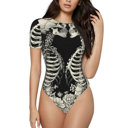 Derioi Skeletons Love Flowers for Women s Short Sleeve Round Neck Bodysuit Stretchy Basic T Shirt Bodysuit Tops-X-Large