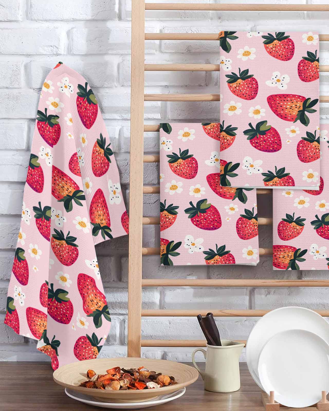 Strawberry Kitchen Dish Towels for Drying Dishes Set of 3, Pink Spring Summer Rustic Floral Fruit Waffle Weave Microfiber Terry Hand Tea Bathroom Towels Quick Dry & Absorbent Towel 15.7x23.6