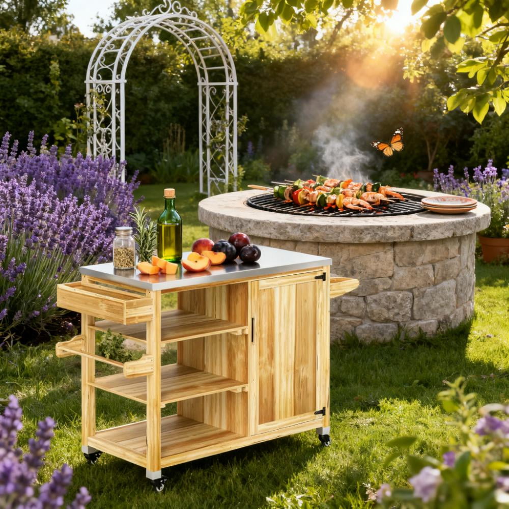 Olurrisa Versatile Storage Cabinets,with Stainless Steel Top,Outdoor Grill Cart,Solid Wood Outdoor Kitchen Island with Wheels