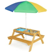4 in 1 Kids Picnic Table, Wooden Sand & Water Tables with Removable Umbrella, 2 Play Boxes & Removable Top, Kids Outdoor Tables & Chair Set, Indoor Toddler Picnic Table for Backyard (Colorful)