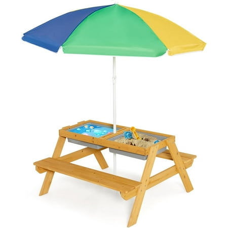 4 in 1 Kids Picnic Table, Wooden Sand & Water Tables with Removable Umbrella, 2 Play Boxes & Removable Top, Kids Outdoor Tables & Chair Set, Indoor Toddler Picnic Table for Backyard (Colorful)
