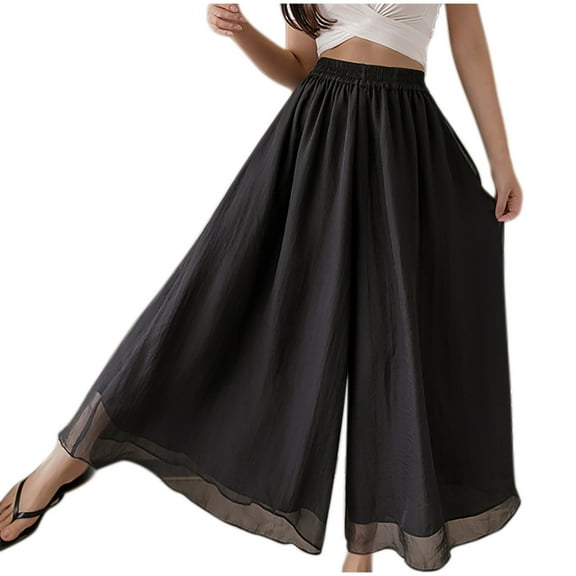 Fancifize Women's Chiffon Flowy Wide Leg Pants Lightweight Dance Training Trousers Loose Lounge Pants