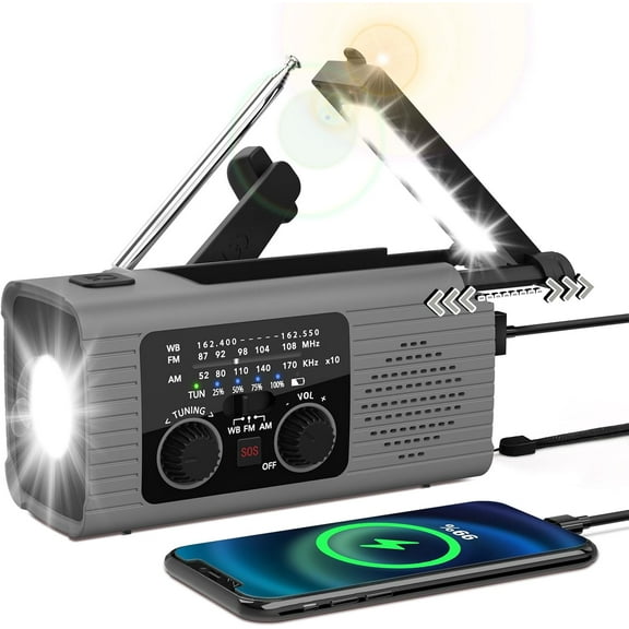 Emergency Radio, 4000mAh Solar Hand Crank Weather Radio for Hurricane Season, NOAA AM/FM Portable Radio with Phone Charger, LED Flashlight & Reading Lamp, SOS Alarm, Survival Gear for Home Power Outa