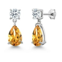Gem Stone King 925 Sterling Silver Yellow Citrine and White Topaz Teardrop Dangle Drop Earrings for Women (7.58 Cttw, Gemstone Birthstone, Pear Shape 12x8MM, Round 6MM)