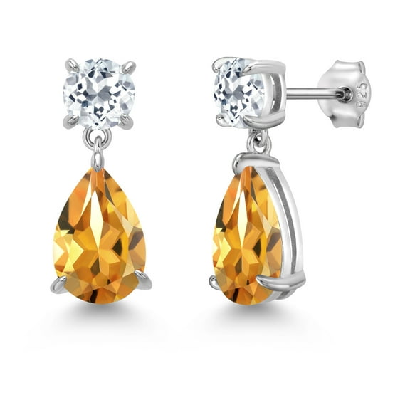 Gem Stone King 925 Sterling Silver Yellow Citrine and White Topaz Teardrop Dangle Drop Earrings for Women (7.58 Cttw, Gemstone Birthstone, Pear Shape 12x8MM, Round 6MM)