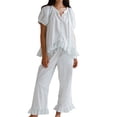 thumbnail image 1 of Gupgi Women Plaid Pajamas Set 2 Piece Sleepwear Lounge Short Sleeve Ruffle Button Down Shirt Drawstring Pants, 1 of 9