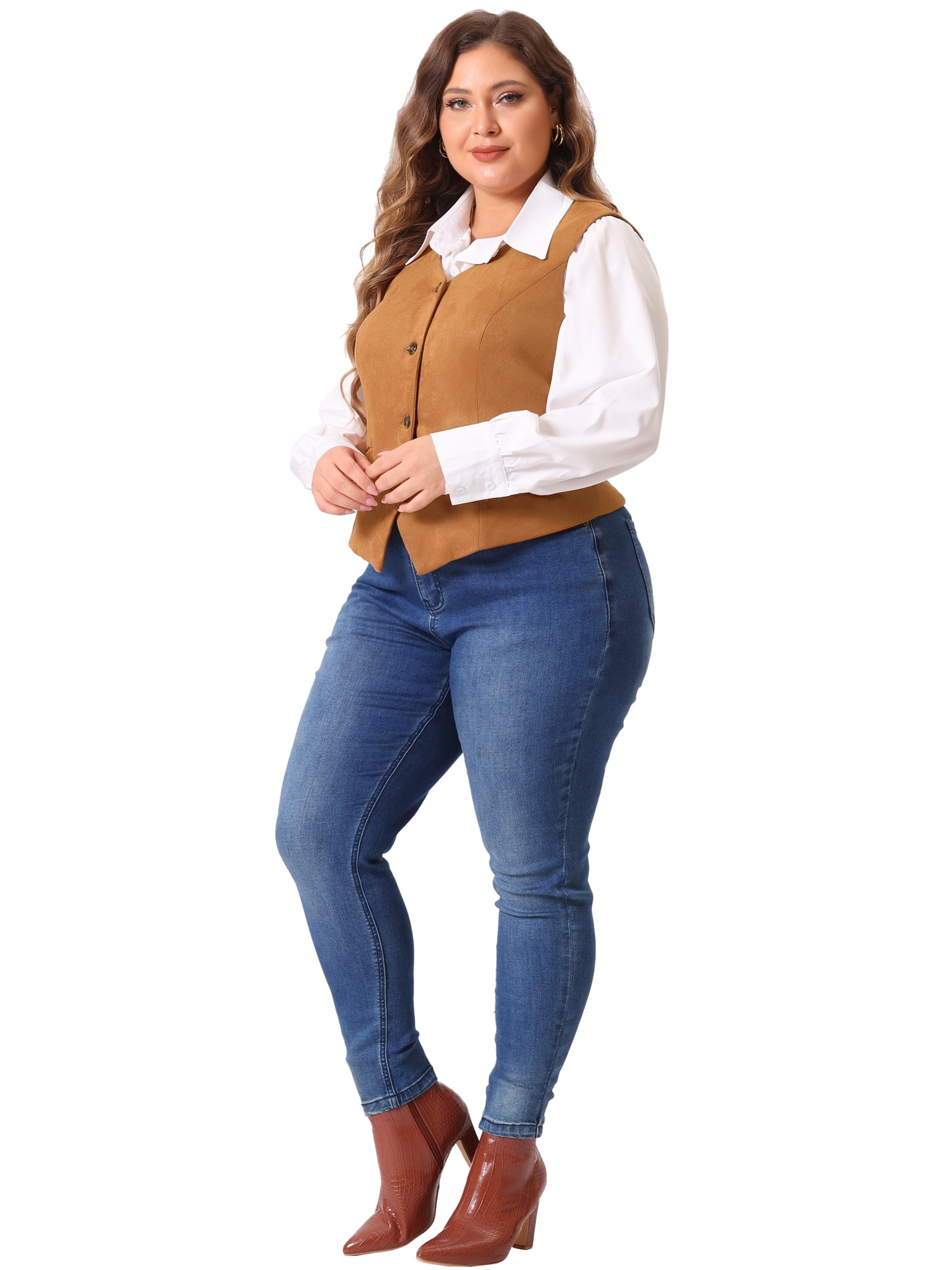 DARING DIVA Women's Plus Size Fully Lined 4 Button V-Neck Dressy Suit Vest 1X Brown