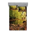 thumbnail image 2 of Ambesonne Landscape Fitted Sheet & Pillow Sham Set, Pine River in Autumn, Twin, Green Yellow Cinnamon, 2 of 3