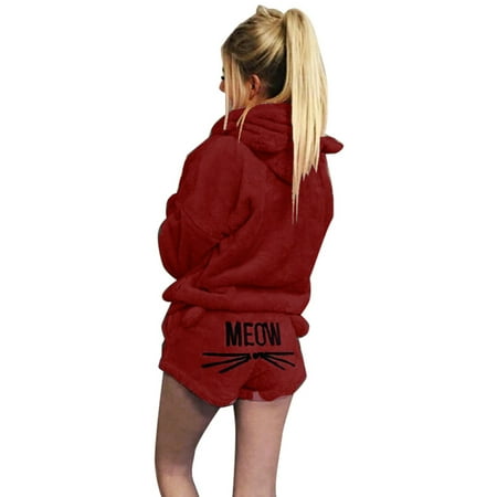 

Women Plush Pajamas Set Thick Hoodie Long Tops+Embroidery Shorts Sleepwear Homewear S 11