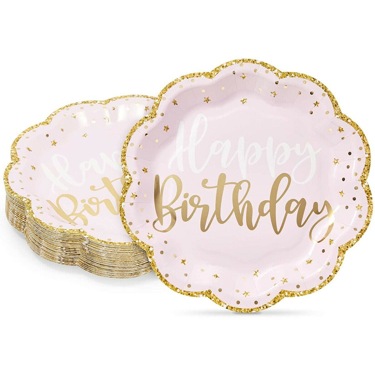 Pink Happy Birthday Party Plates with Gold Glitter Edges (9 In, 48 Pack