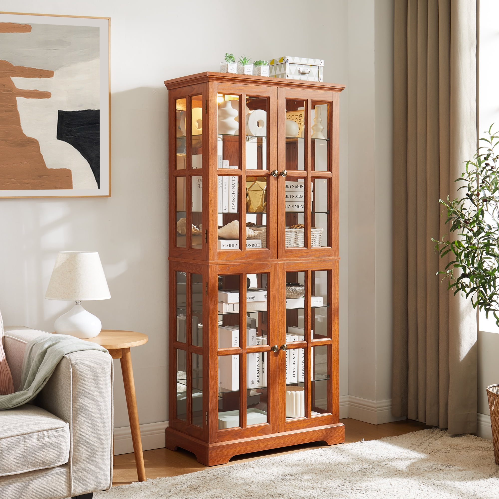 Leumius Curio Display Cabinet,Antique Display Cabinet with Glass Doors Adjustable Shelves for Collectibles Four Door Design Vintage Showcase for Home or Office Oak