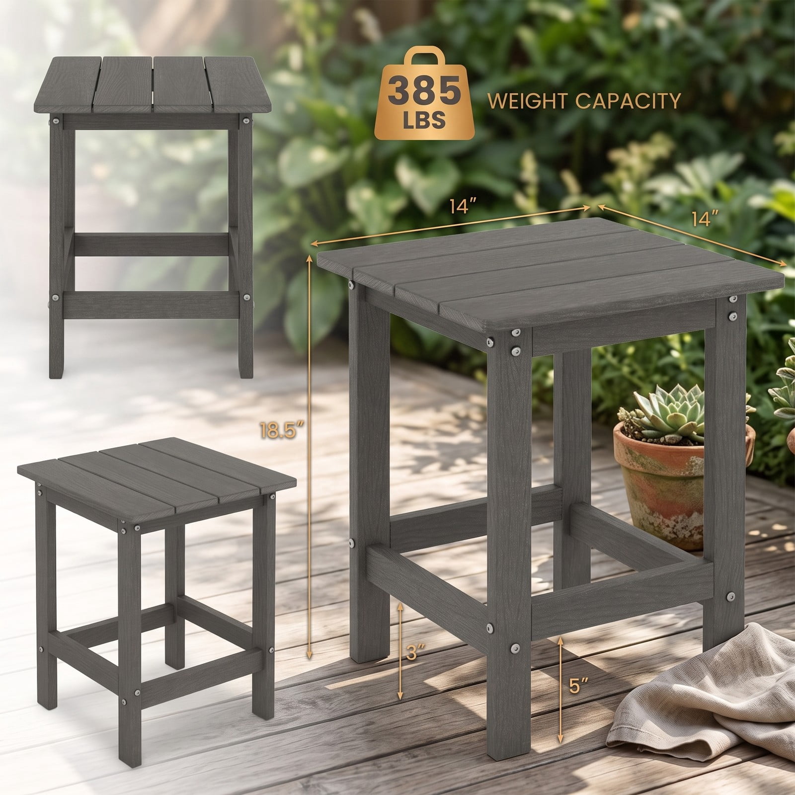 Furnibear 14 Inch Square Weather Resistant HDPE Adirondack Side Table for the Patio Porch Deck and Backyard Garden, Gray