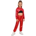 thumbnail image 2 of Hansber Kids Girls Modern Street Hip Hop Jazz Dance Outfits Long Sleeve Metallic Hoodie Crop Top and Pants Set Red Black 8, 2 of 7