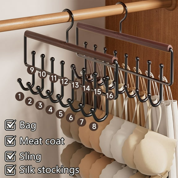 Djiypn Bra Hanger for Closet, 2 Pack Tank Top Hangers 16 Hooks Capacity 360 °Swivel Wood Space Saving Hangers Closet Organizer for Tank Top, Bra, Scarf, Belt, Tie, Brown