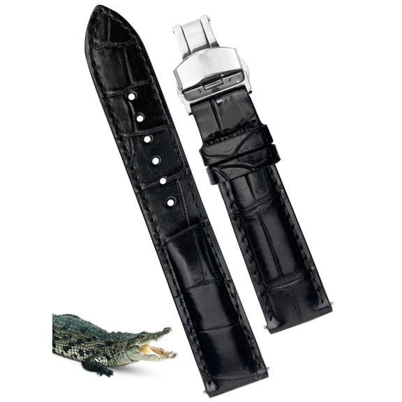 20mm Black Alligator Watch Band Men, Soft Leather Watch Strap, Deployment Clasp Wristbands, Replacement Butterfly Buckle Quick Release, Vintage Gift for Father's Day Dad Son Husband DH-01D-S-20MM
