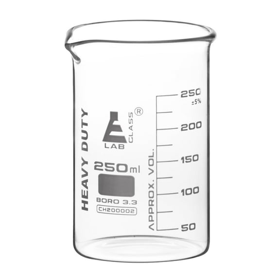 Heavy Duty Beaker, 250ml - 5mm Thick, Uniform Walls - Superior Durability & Chemical Resistance - White Graduations - Borosilicate 3.3 Glass - Eisco Labs