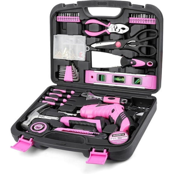 Pink Household Tool Set with 3.6V USB Electric Screwdriver, 136 PCS Home Tool Kit with Cordless Lithium-ion Drill Driver, Hand Tool Kits for Women