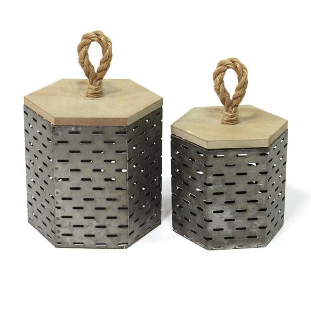 Stratton Home Decor S19349 Contenants Décoratifs en Métal&44; Gris & Naturel - Lot de 2