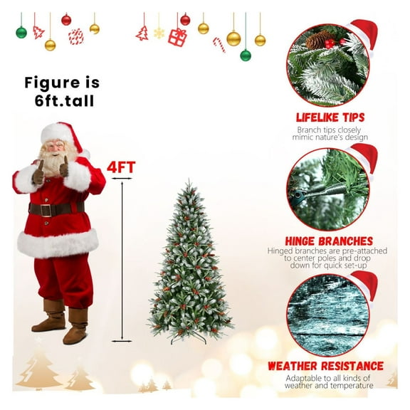 4ft Christmas Tree Red Fruit Pine Cone PE/PVC Fireproof - Fluffy Realistic Artificial Tree Hinged Easy Assembly Home Indoor Holiday Decorations