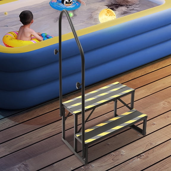 2-Step Ladder with Handrail 450 lbs Capacity Black Steel Step Stool with 6.7in Step Height & Reflective Strips